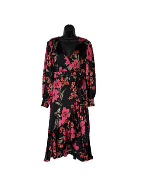 Women’s M Sofia Vergara Floral Wrap Dress Black Pink Long Sleeve Midi